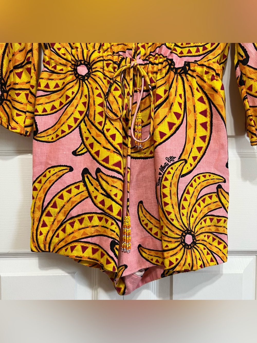 Farm Rio Banana Floral Linen Drawstring Romper Small - Picture 5 of 16